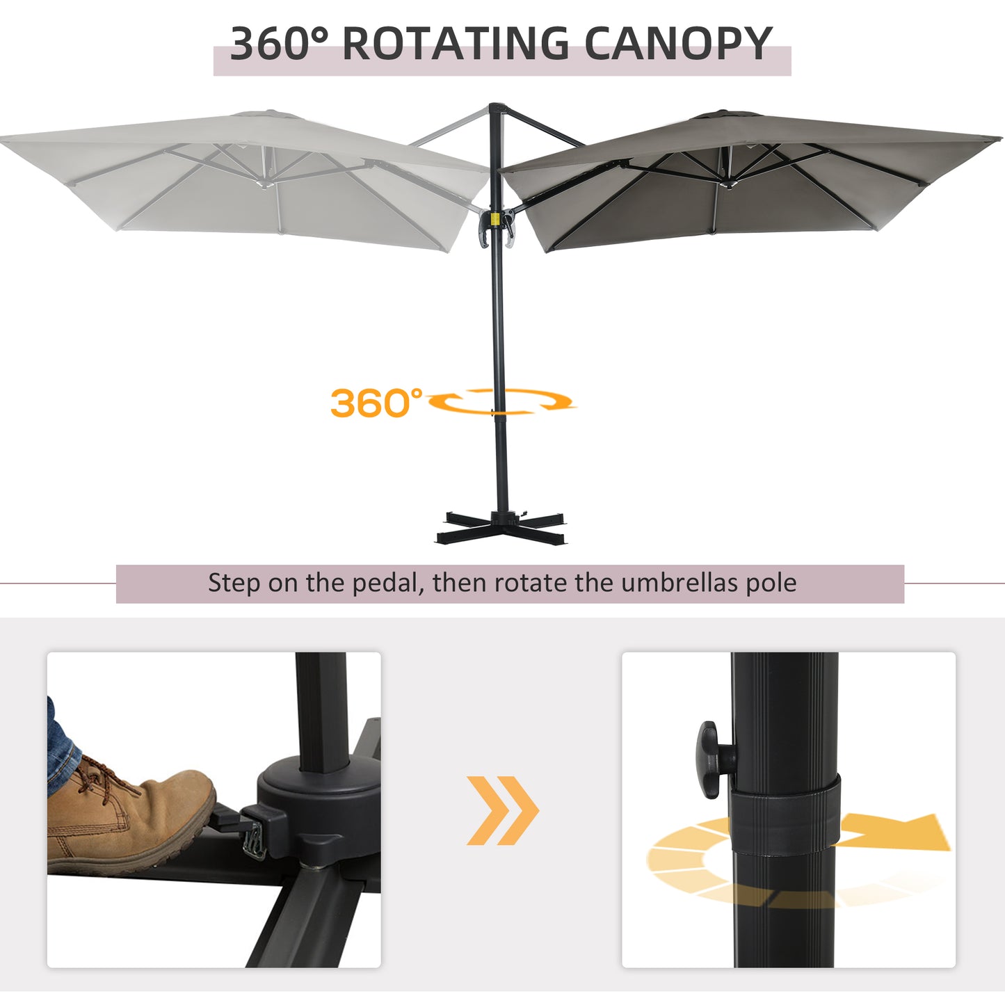 Parasol déporté carré 245 cm rotation 360°
