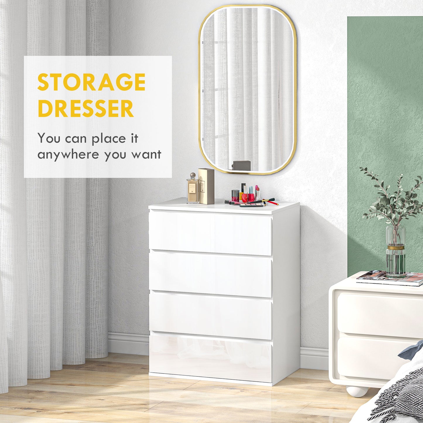 Commode 4 tiroirs fini haute brillance pour chambre