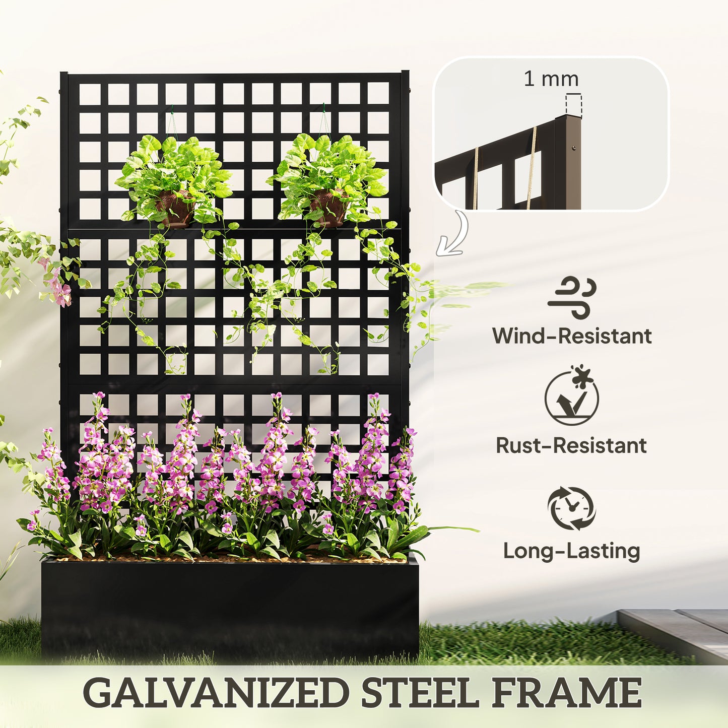  Galvanized Raised Garden Bed with Trellis - 110x41x178cm