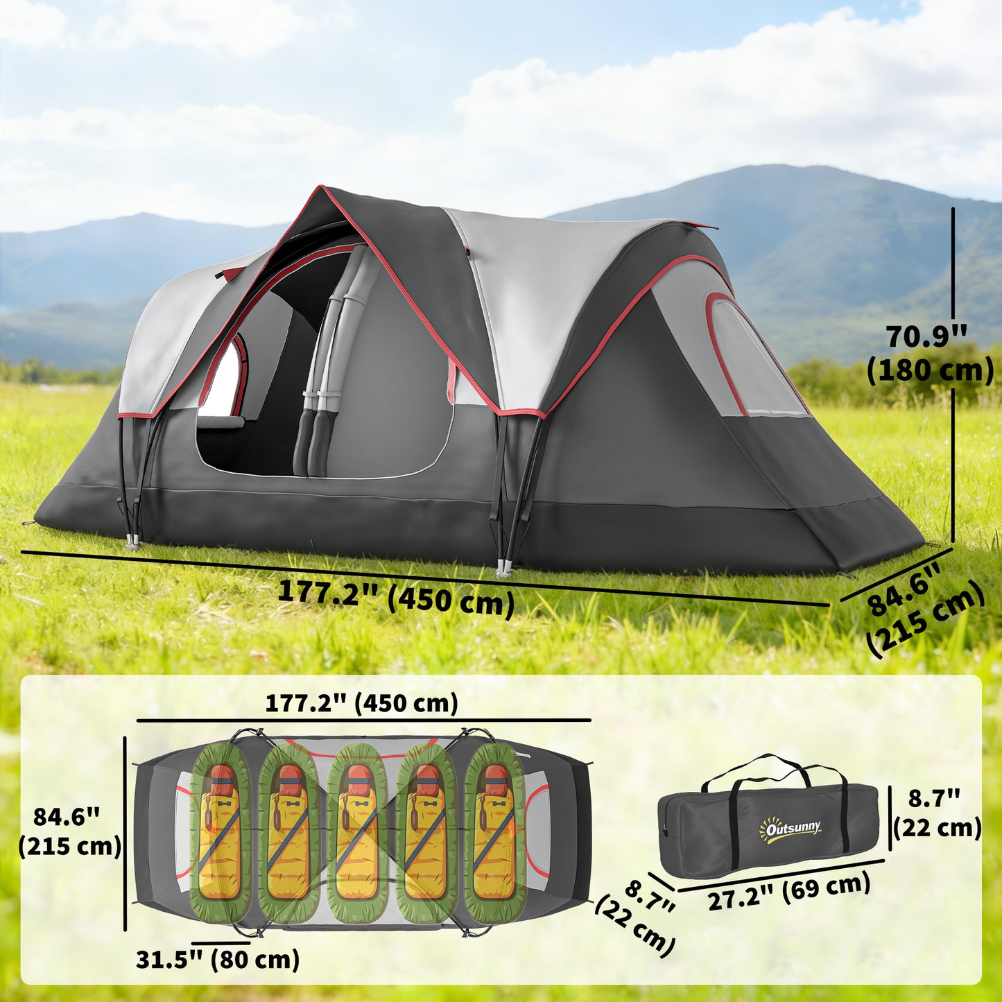 Tente de camping tunnel 6-8 personnes imperméable 2000mm