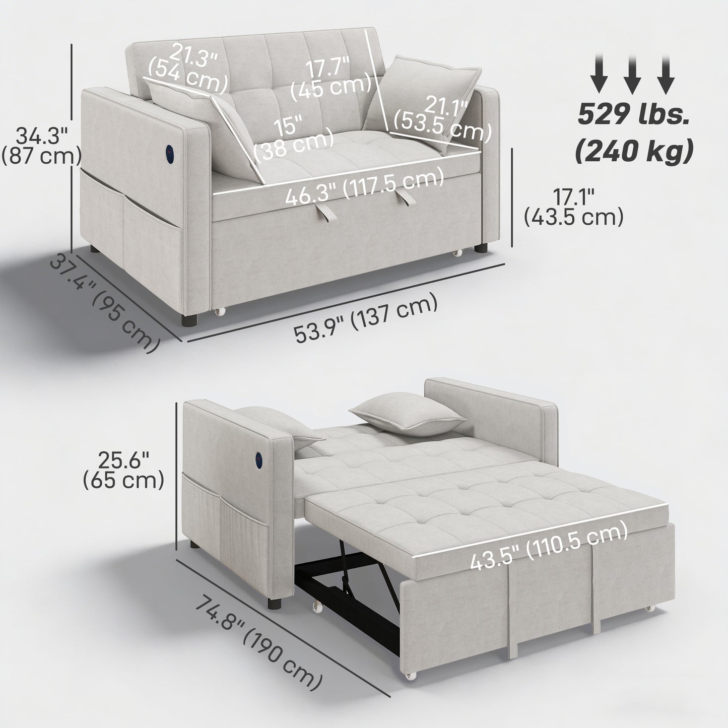 Canapé-lit convertible 3-en-1 avec chargement USB