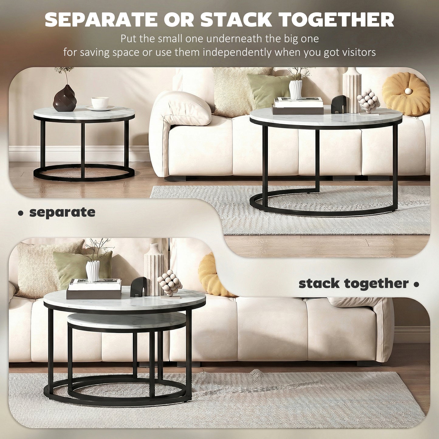 Tables gigognes rondes effet marbre — lot de 2