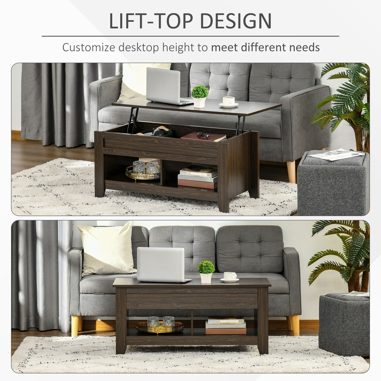 Table à café avec plateau relevable et rangement caché