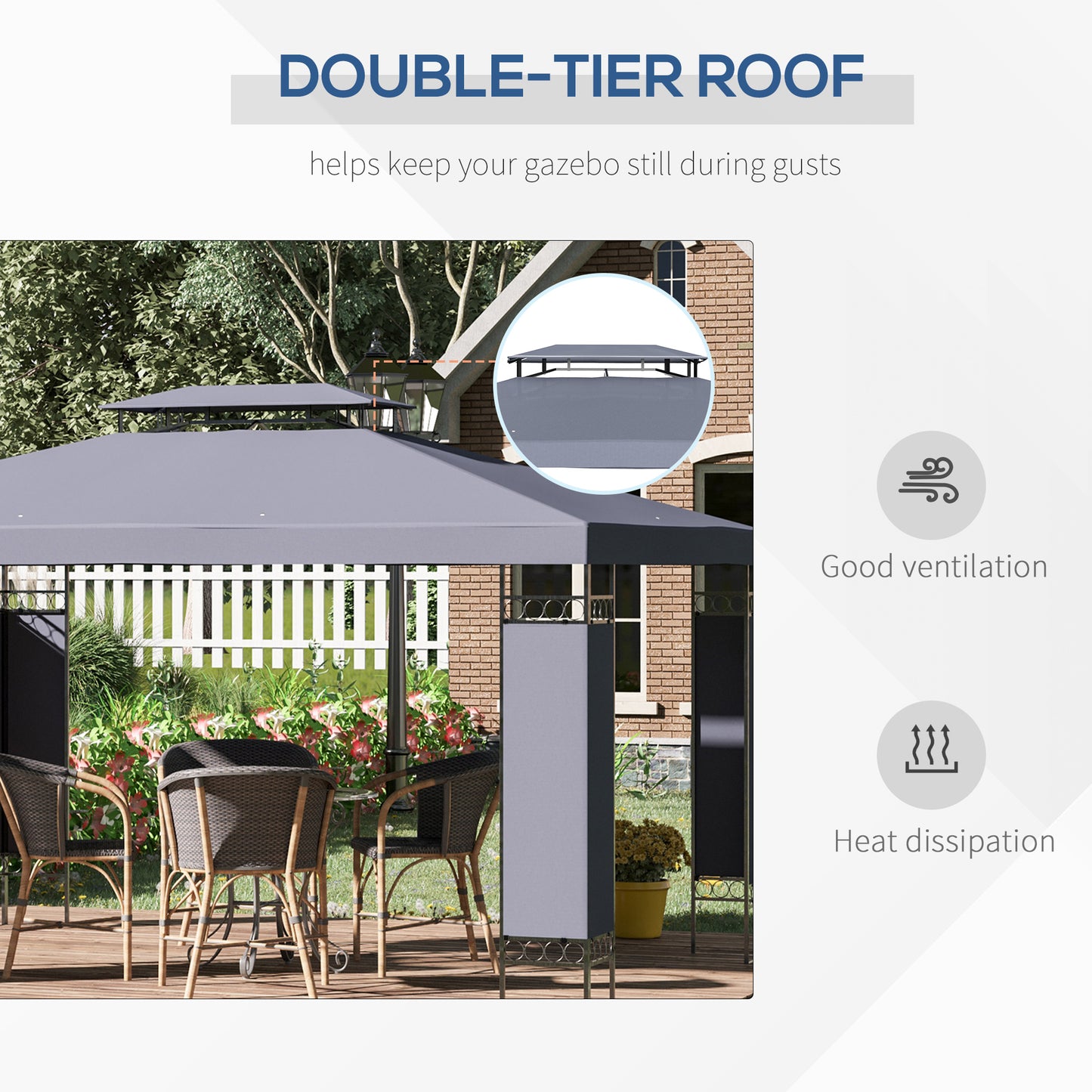 Gazebo extérieur double toit 305 x 396 cm