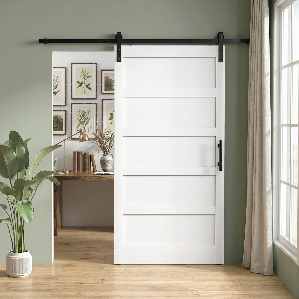 Porte de grange coulissante style Shaker avec quincaillerie