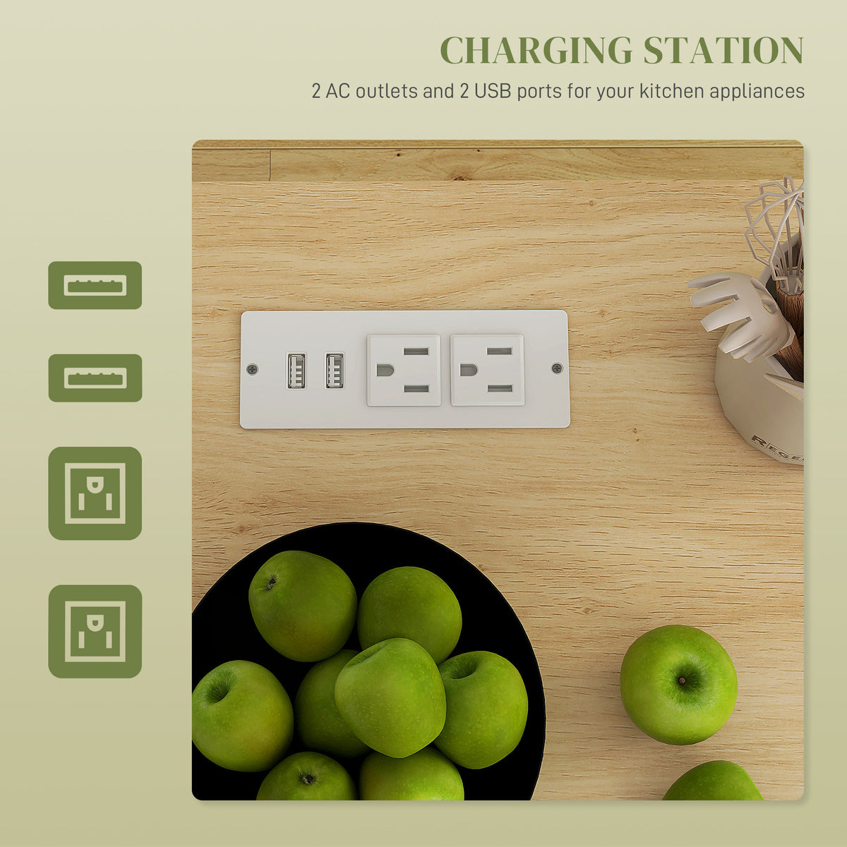 Îlot de cuisine mobile avec prises électriques et rangement