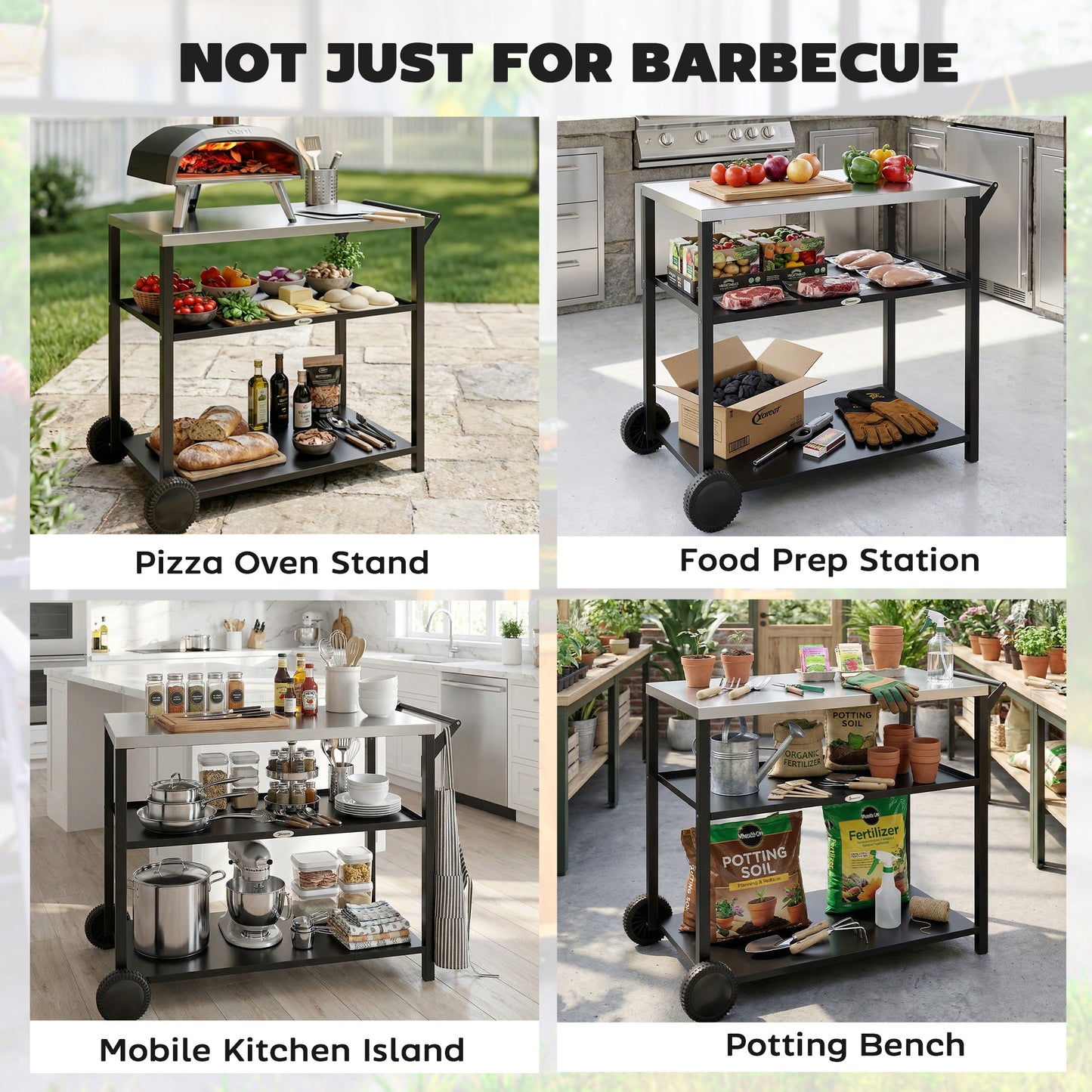 Chariot BBQ mobile 3 tablettes acier inoxydable