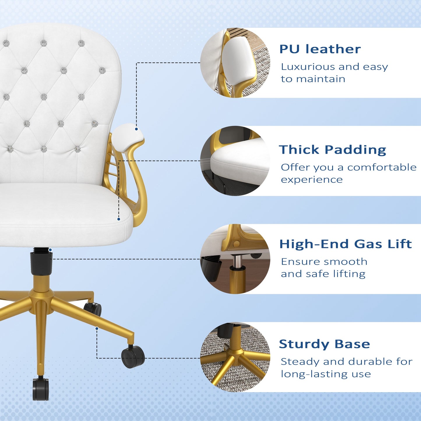Chaise de bureau capitonnée cuir synthétique cristaux décoratifs