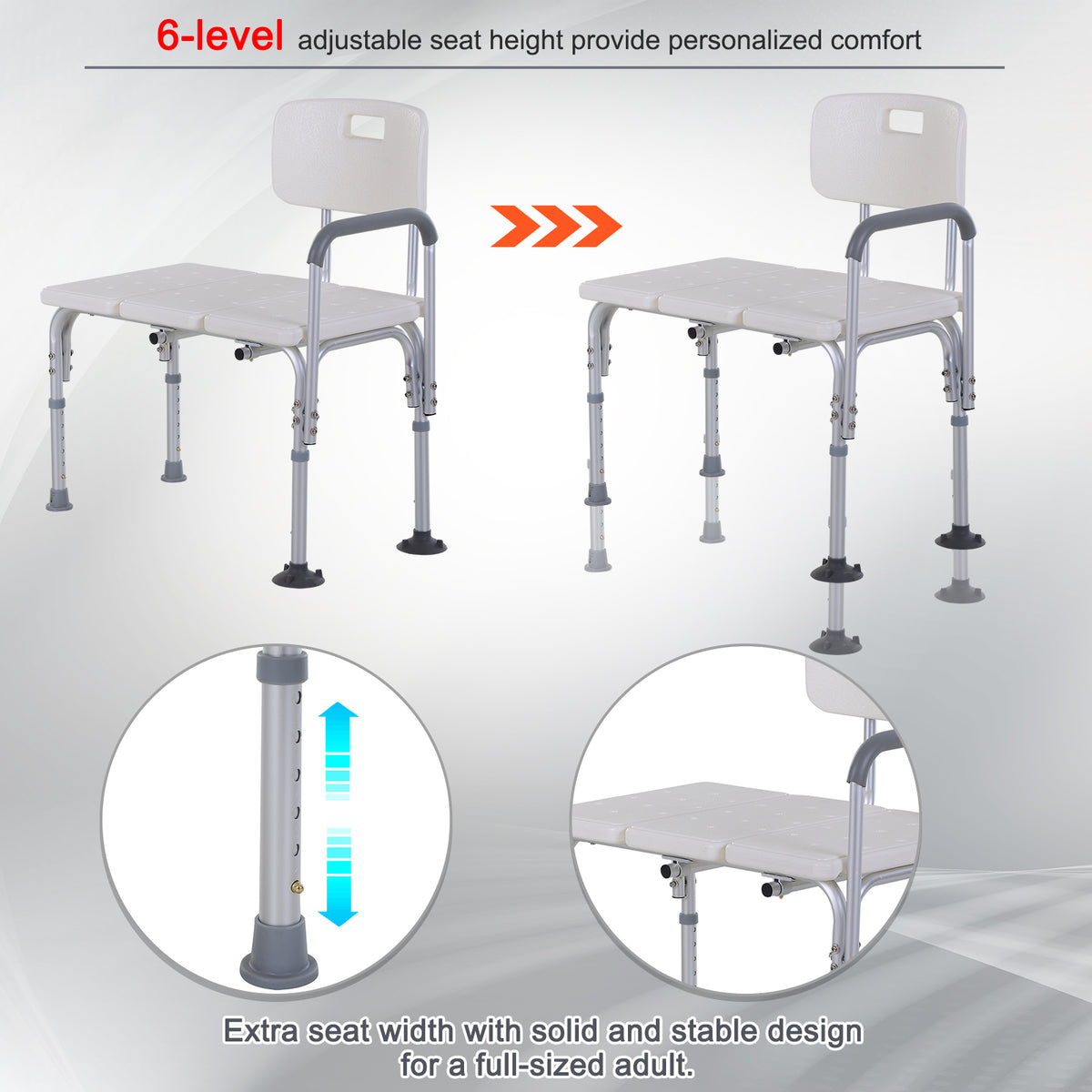 Banc de douche réglable en aluminium avec accoudoirs