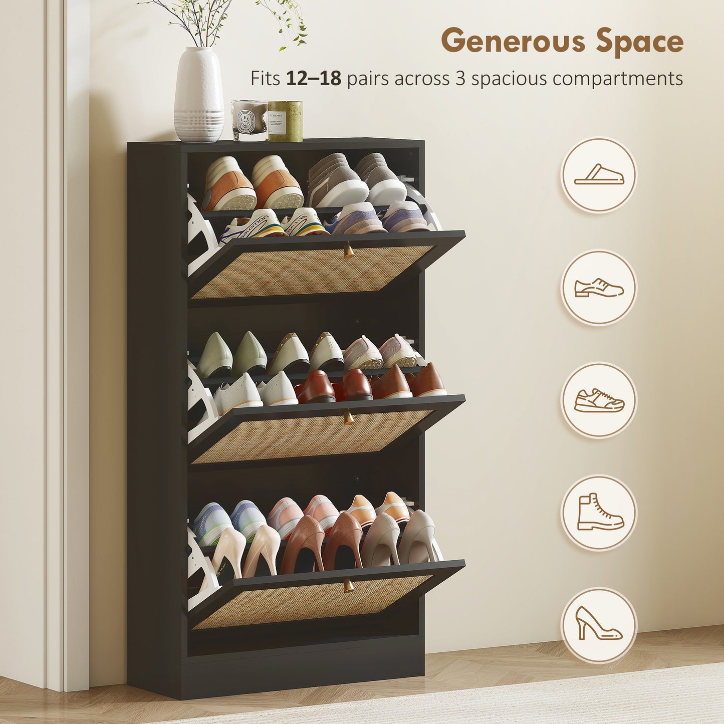 Armoire à chaussures rotin 3 tiroirs 18 paires
