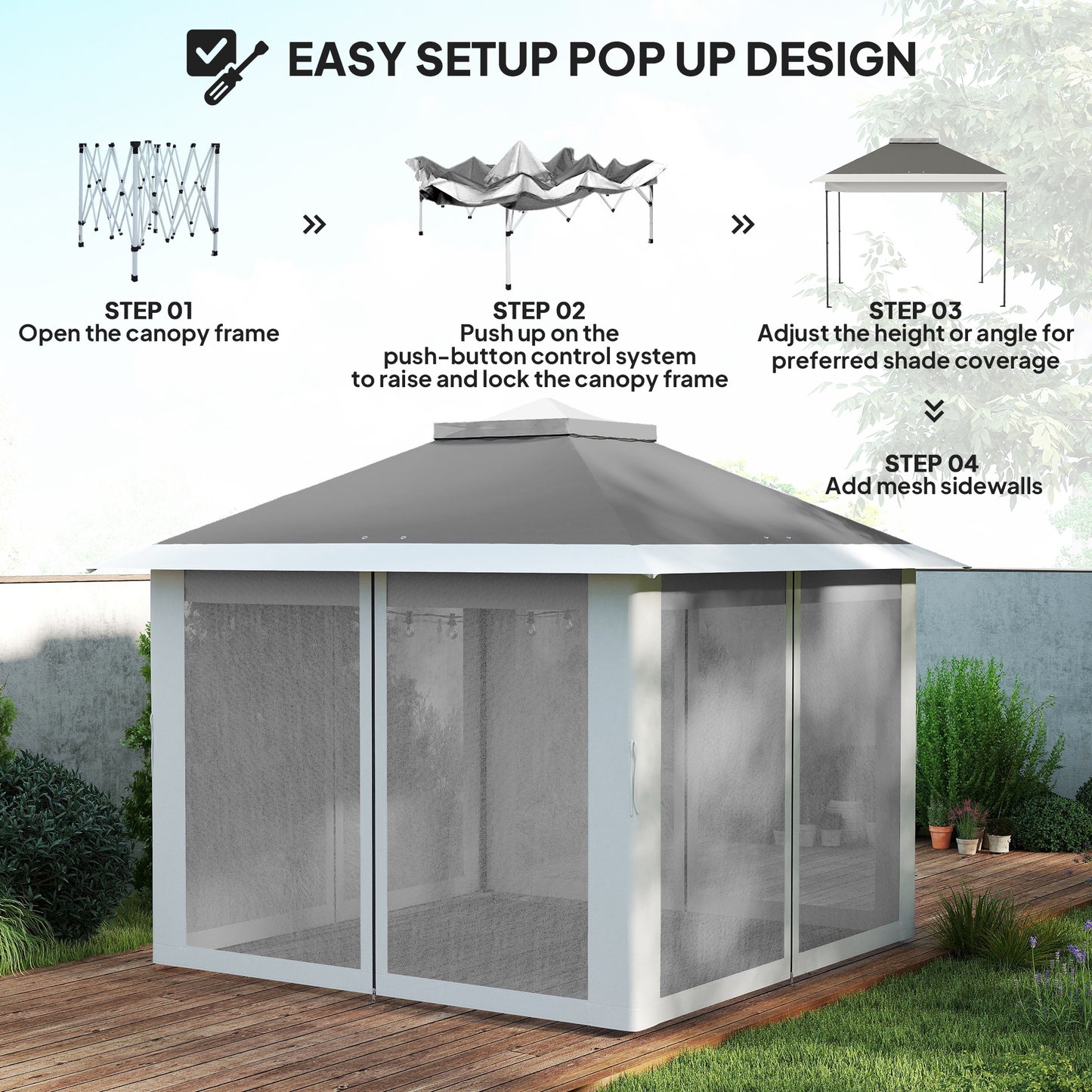 Gazebo pop-up double toit avec moustiquaire 3,35 m x 3,35 m