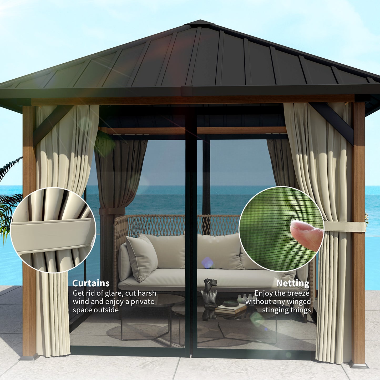 Gazebo toit rigide 3x3m métal galvanisé rideaux moustiquaire