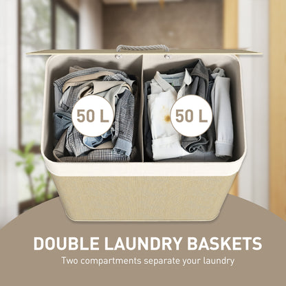 Panier à linge double 100L bambou avec couvercle