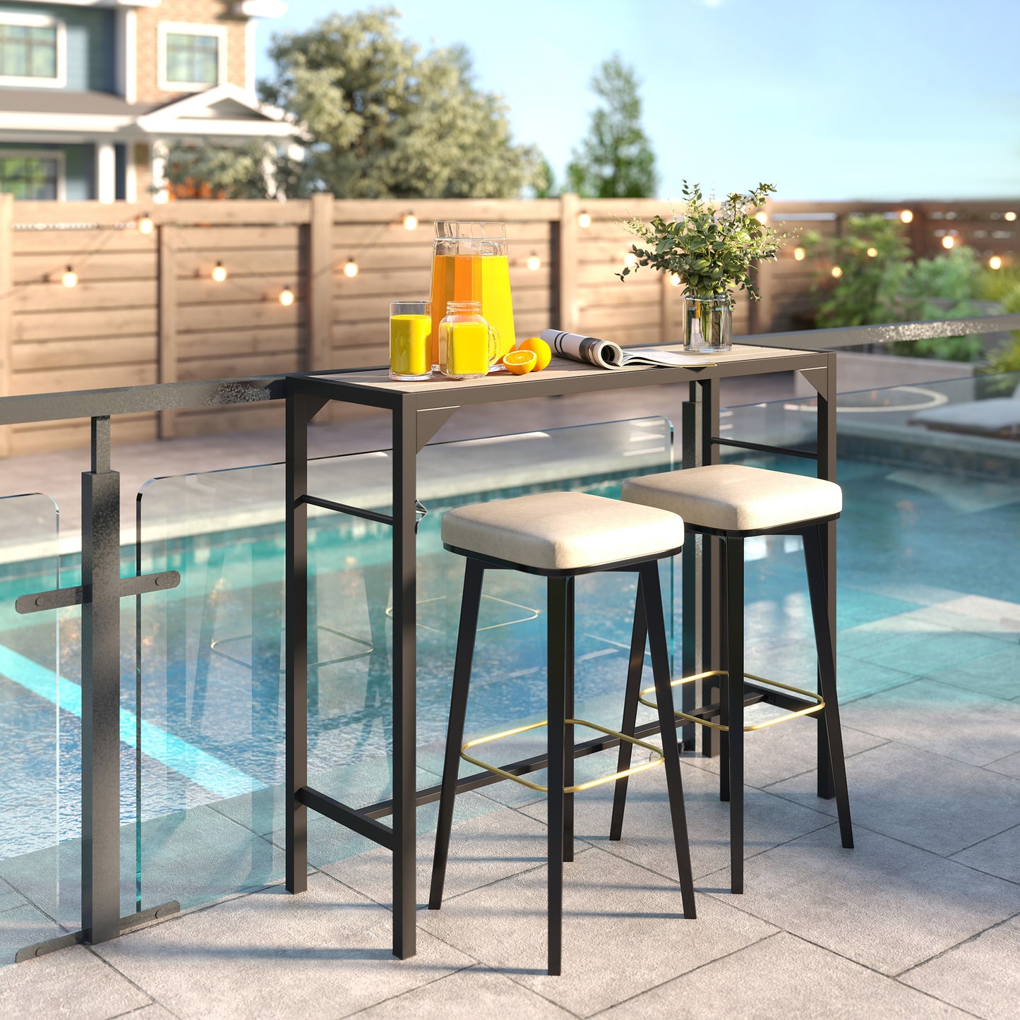 Table haute de patio avec décapsuleur intégré