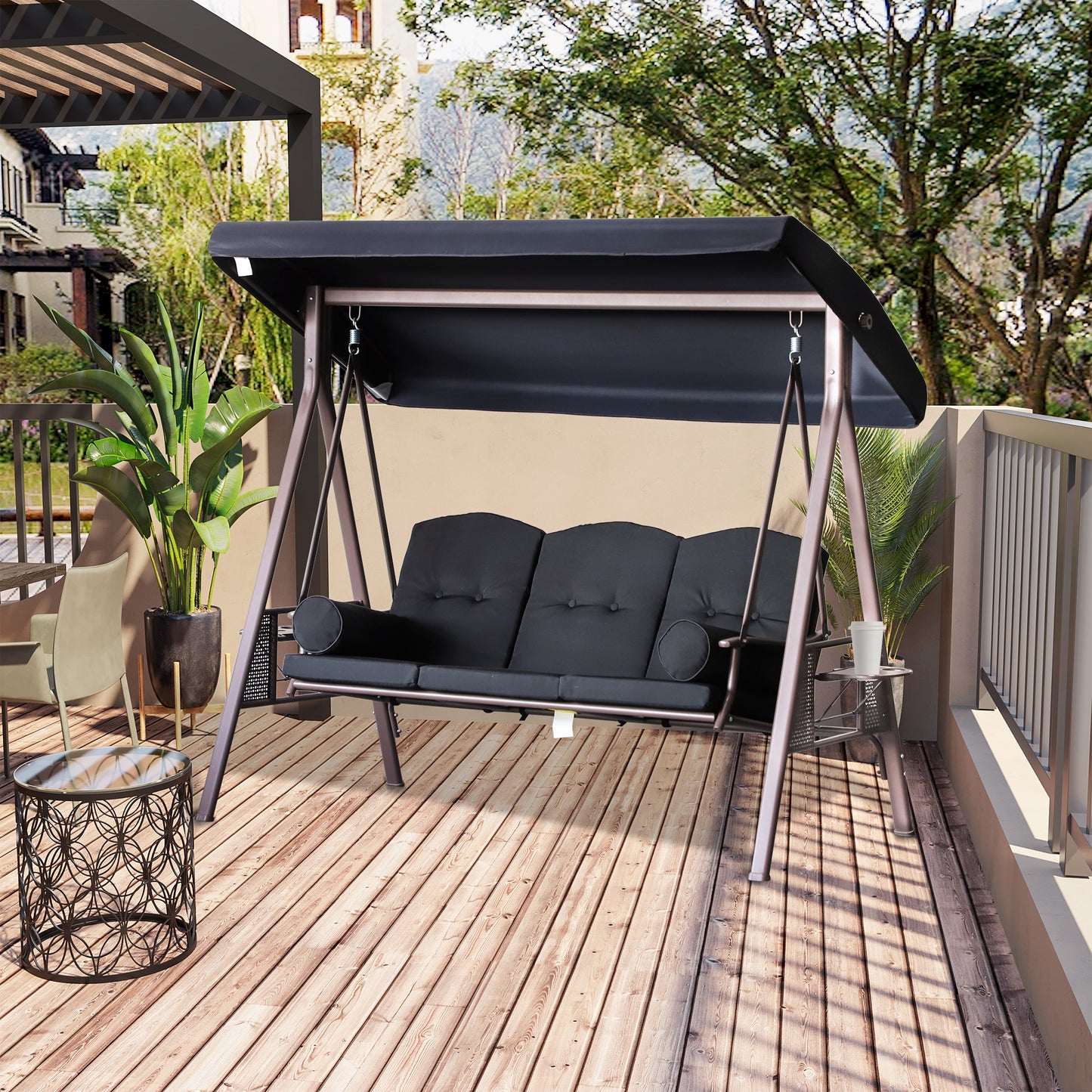 Balançoire de patio 3 places avec auvent et plateaux latéraux