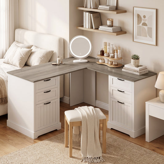 Bureau en L avec prises et six tiroirs
