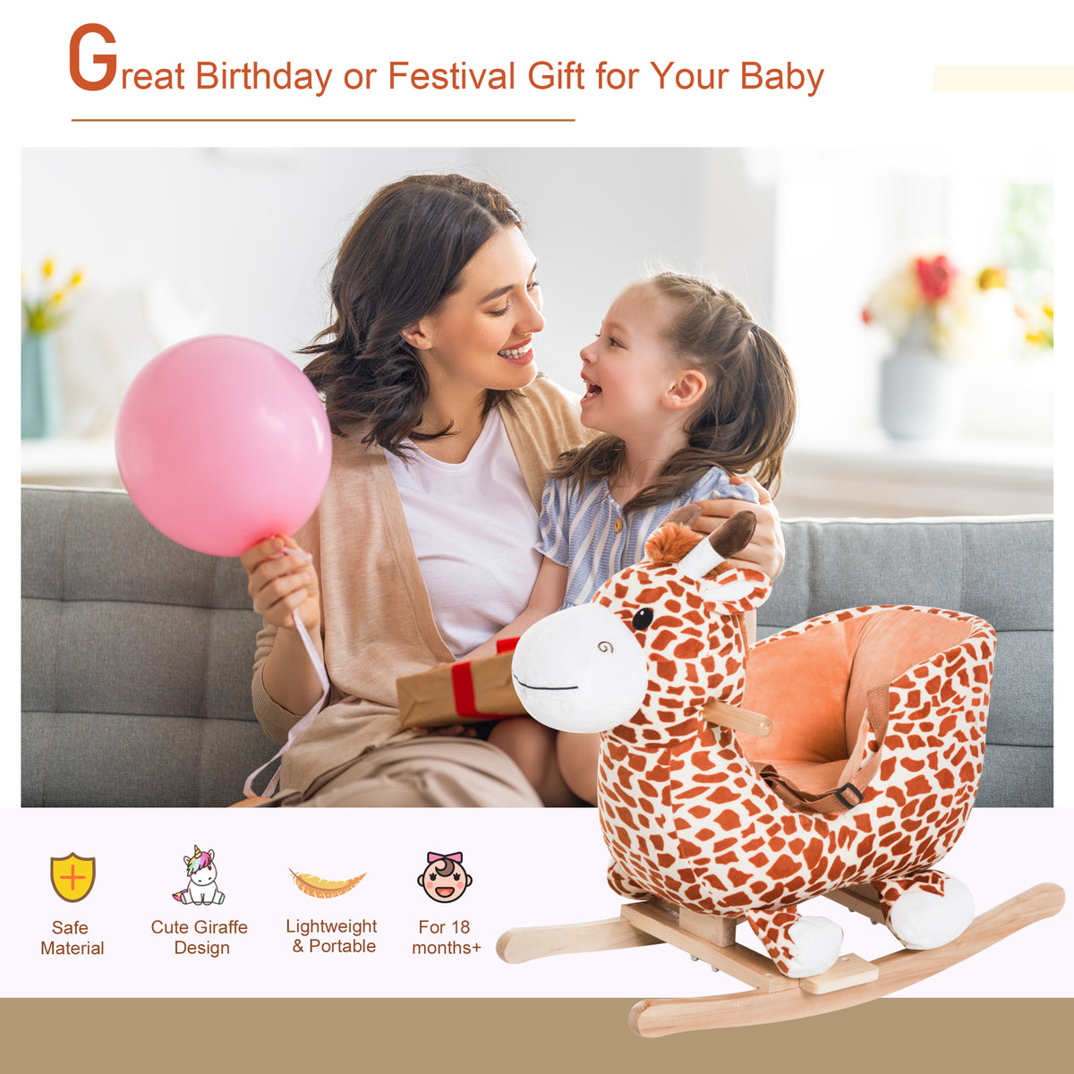 Cheval à bascule pour bébé girafe peluche