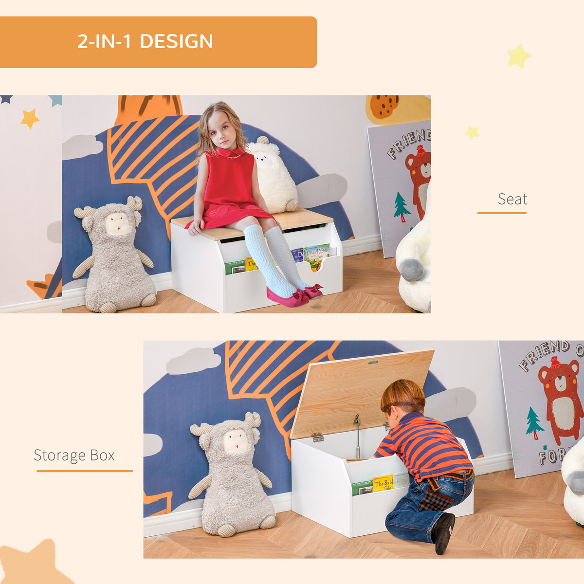 Coffre à jouets en bois avec couvercle et charnière