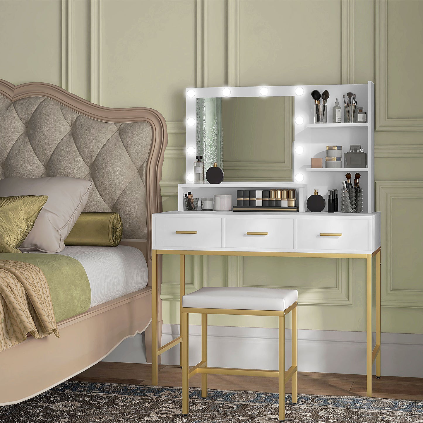 Coiffeuse illuminée avec miroir LED et 3 tiroirs