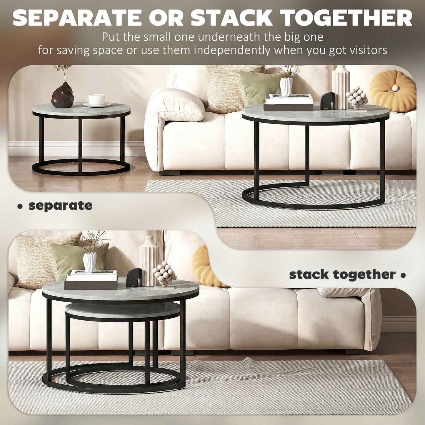 Tables gigognes rondes effet marbre — lot de 2