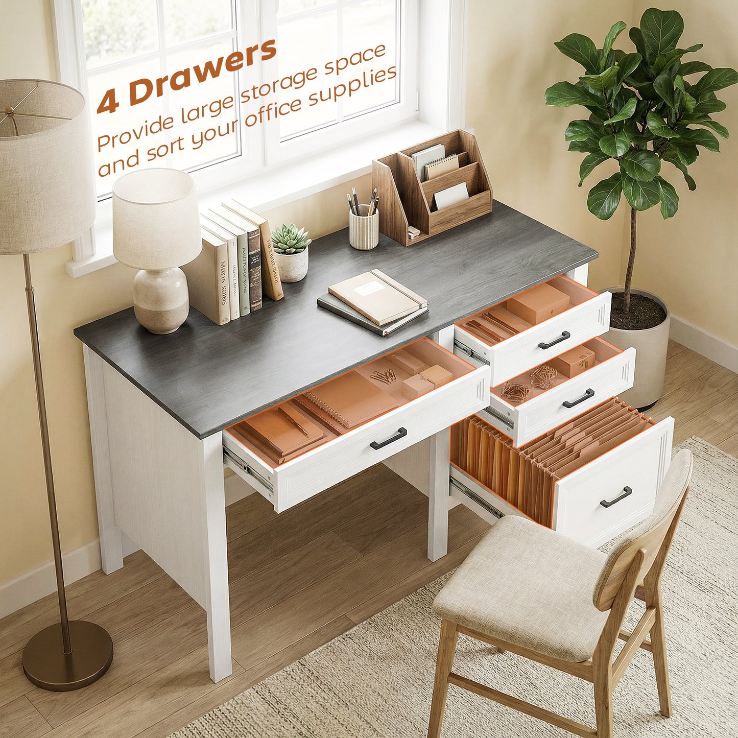 Bureau de travail style fermette avec tiroirs et classeur