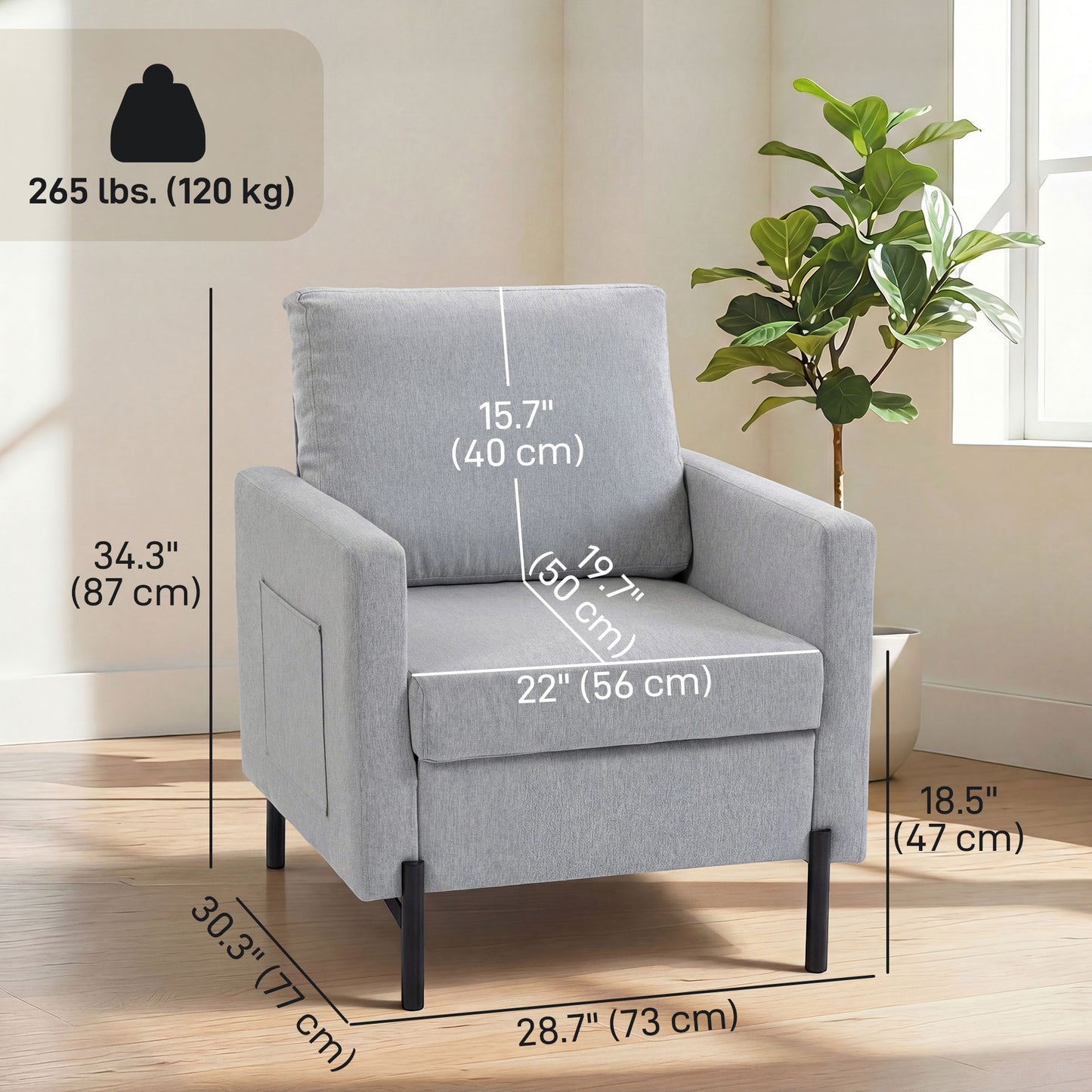 Fauteuil d'appoint rembourré avec poches latérales