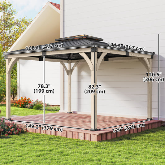 Gazebo toit rigide double en bois sapin 366 x 427 cm