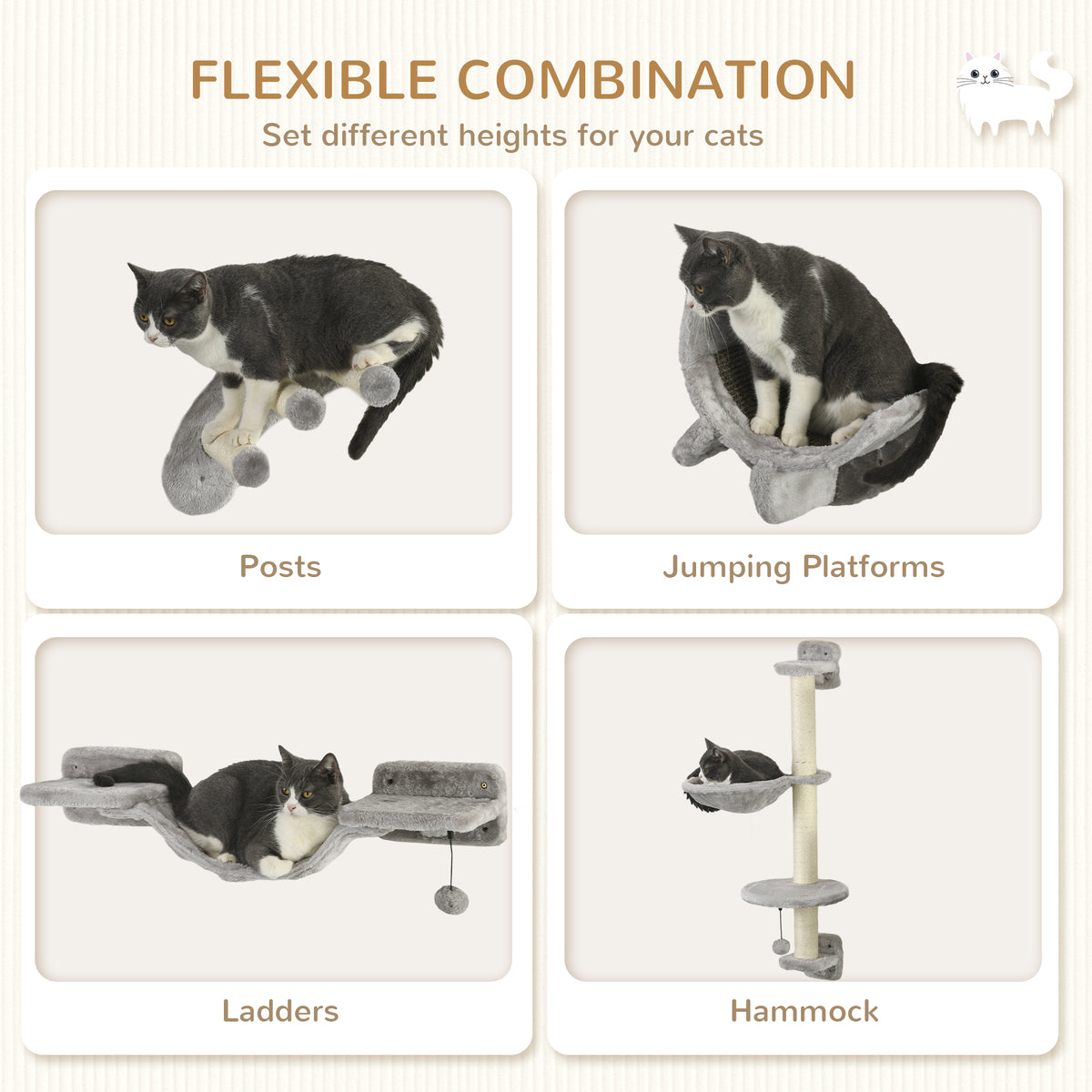 Ensemble mural de jeux pour chat avec griffoir — Lot de 4
