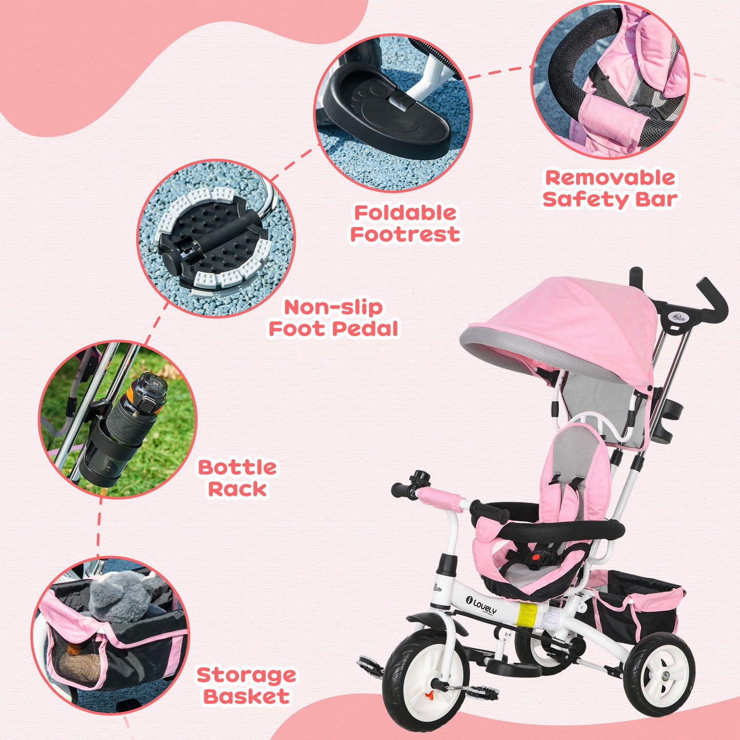 Tricycle 6-en-1 pour tout-petits avec panier et harnais
