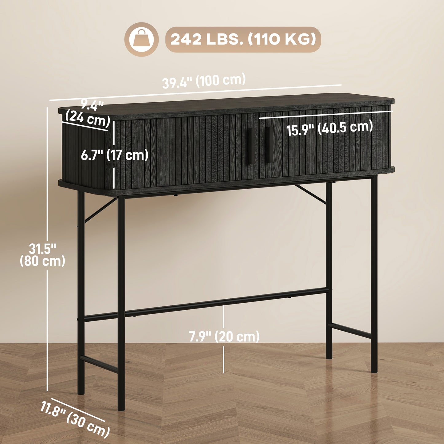 Console mi-siècle avec portes tambour et rangement