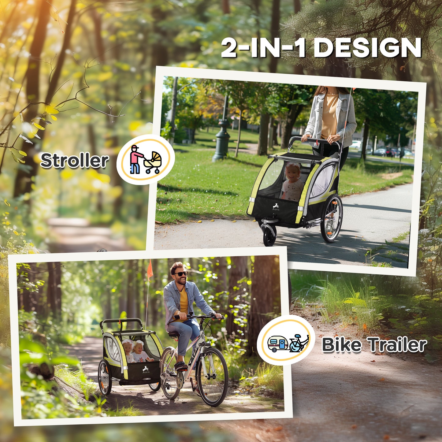 Remorque vélo double 2-en-1 avec poussette pour enfants