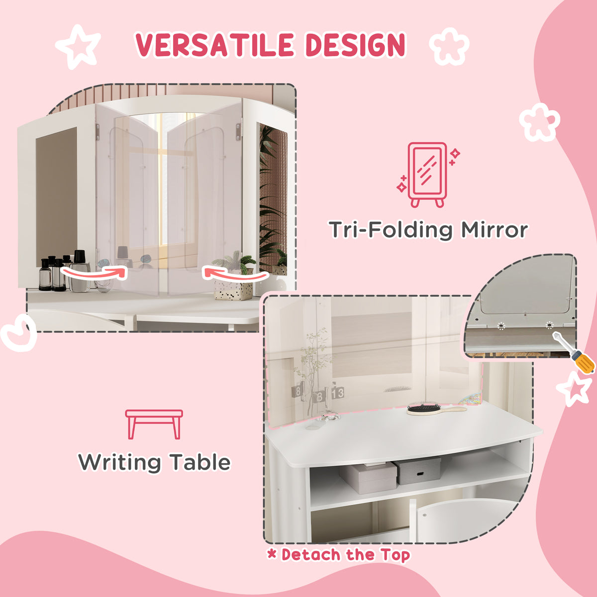 Coiffeuse pour enfants 2 en 1 avec miroir et tabouret