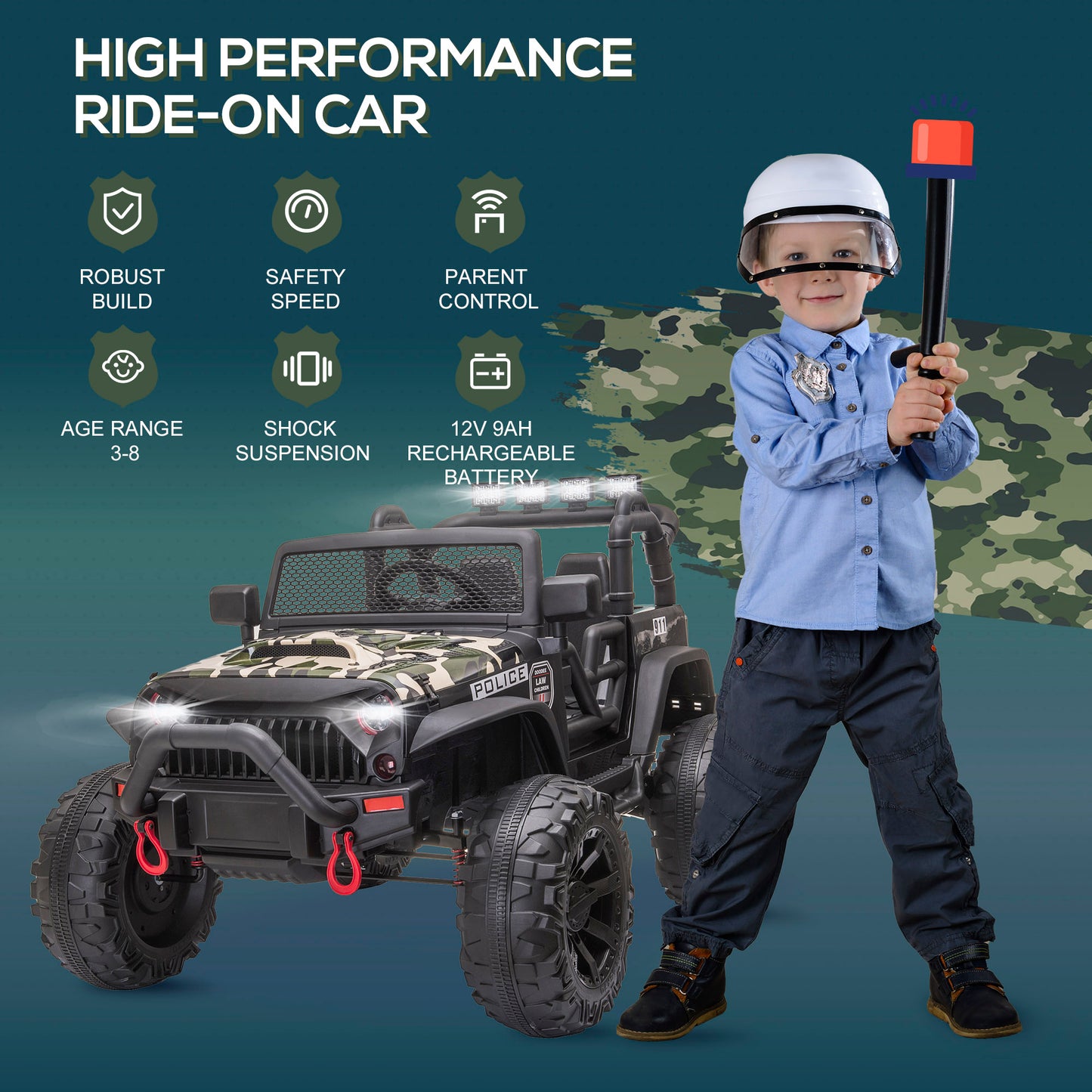 Voiture de police électrique 12V enfant tout-terrain