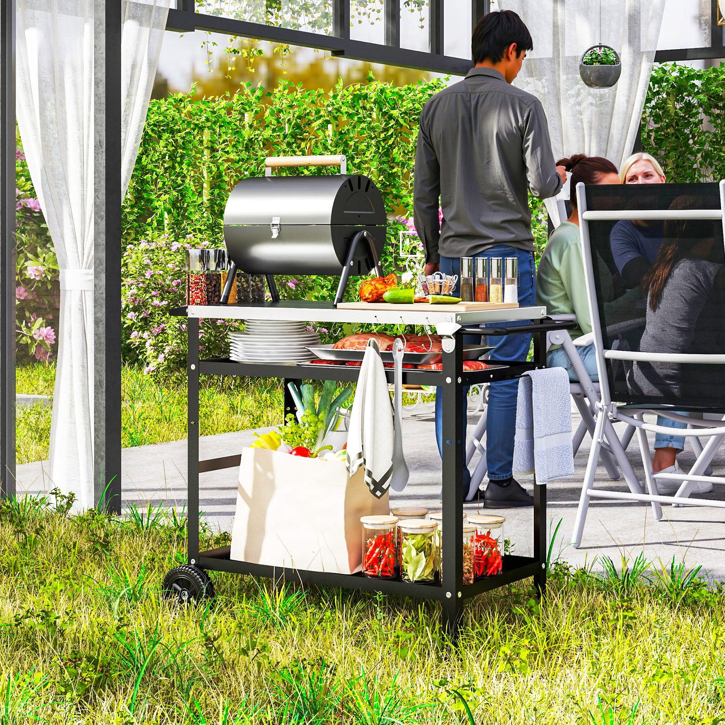 Chariot BBQ pliant acier inoxydable avec tablettes roulettes