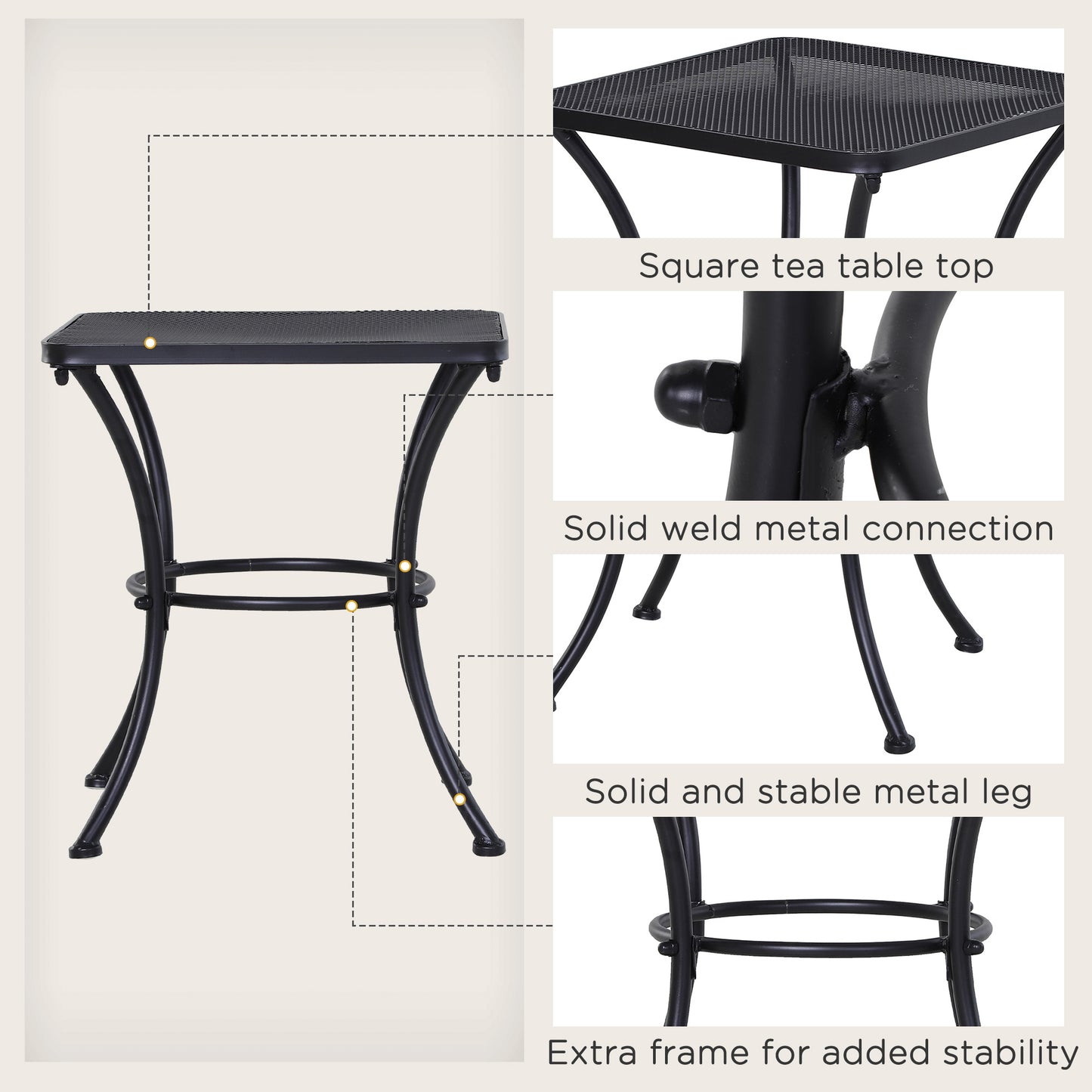 Table d'appoint de patio carrée en métal avec plateau en treillis