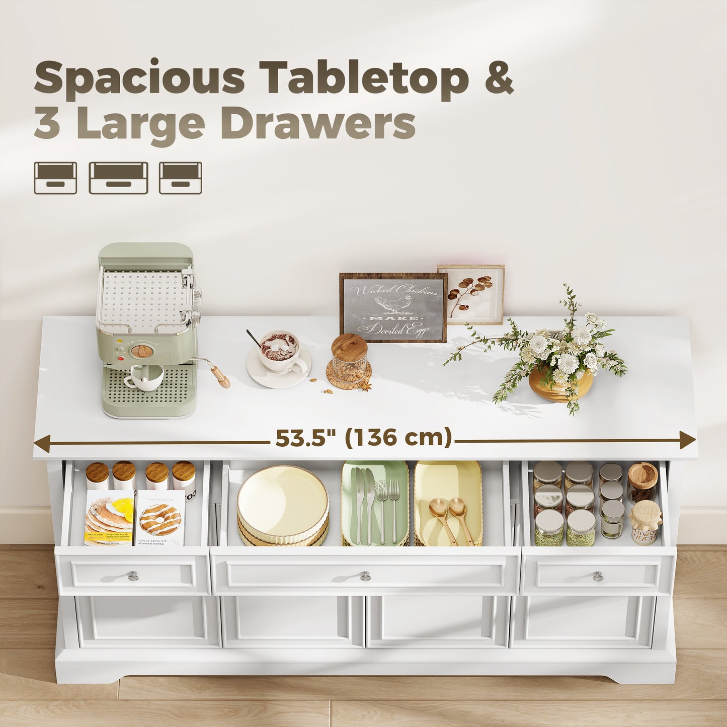 Buffet bahut portes soft-close 3 tiroirs 137 cm