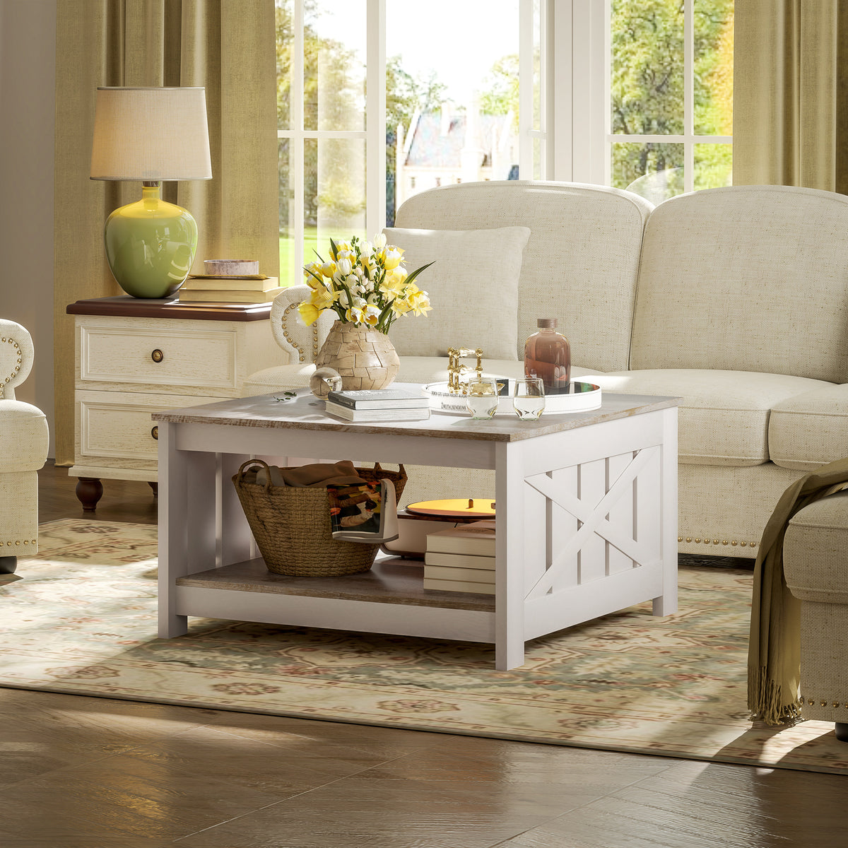 Table basse carrée style campagnard 2 niveaux 80 x 80 cm