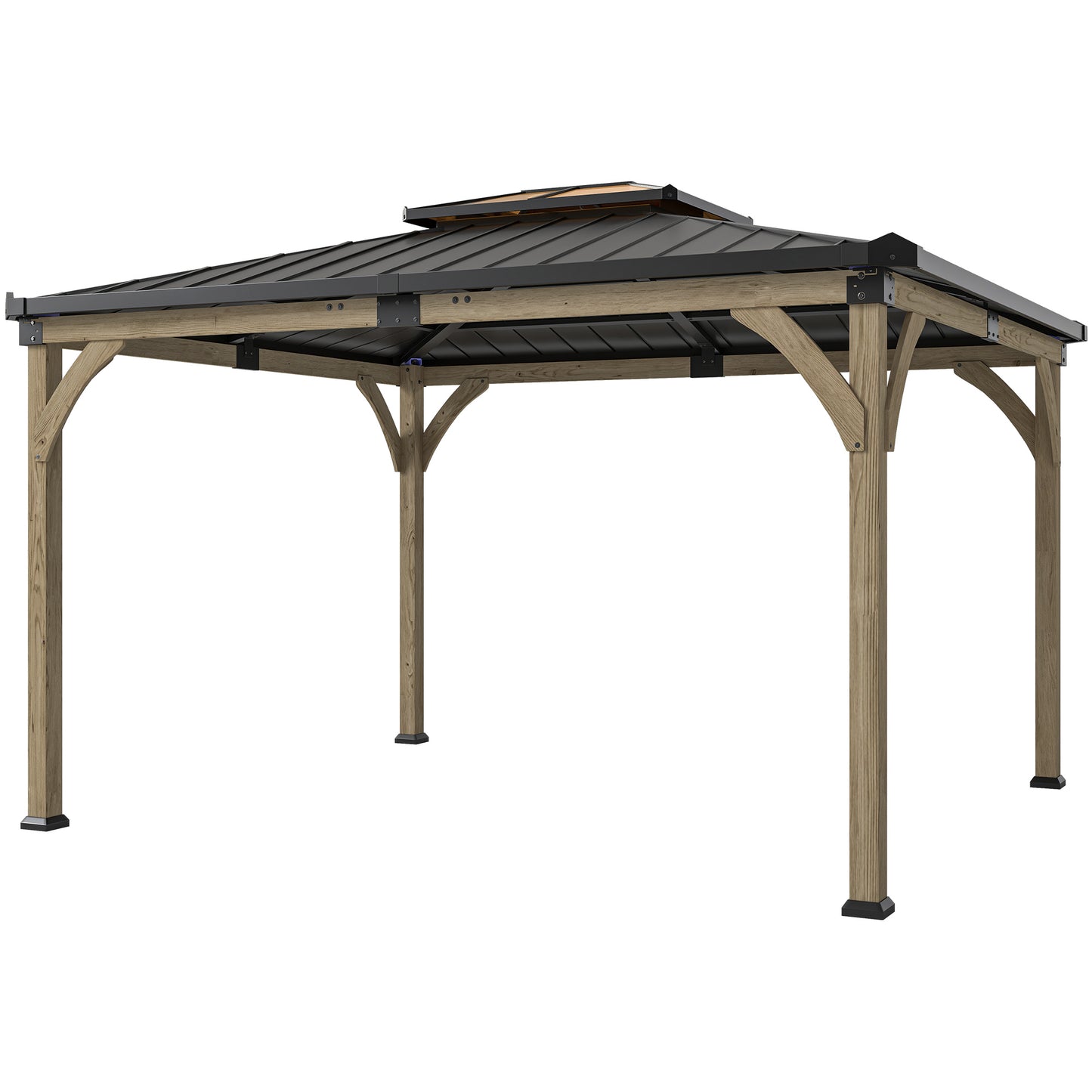 Gazebo toit rigide double en bois sapin 366 x 427 cm