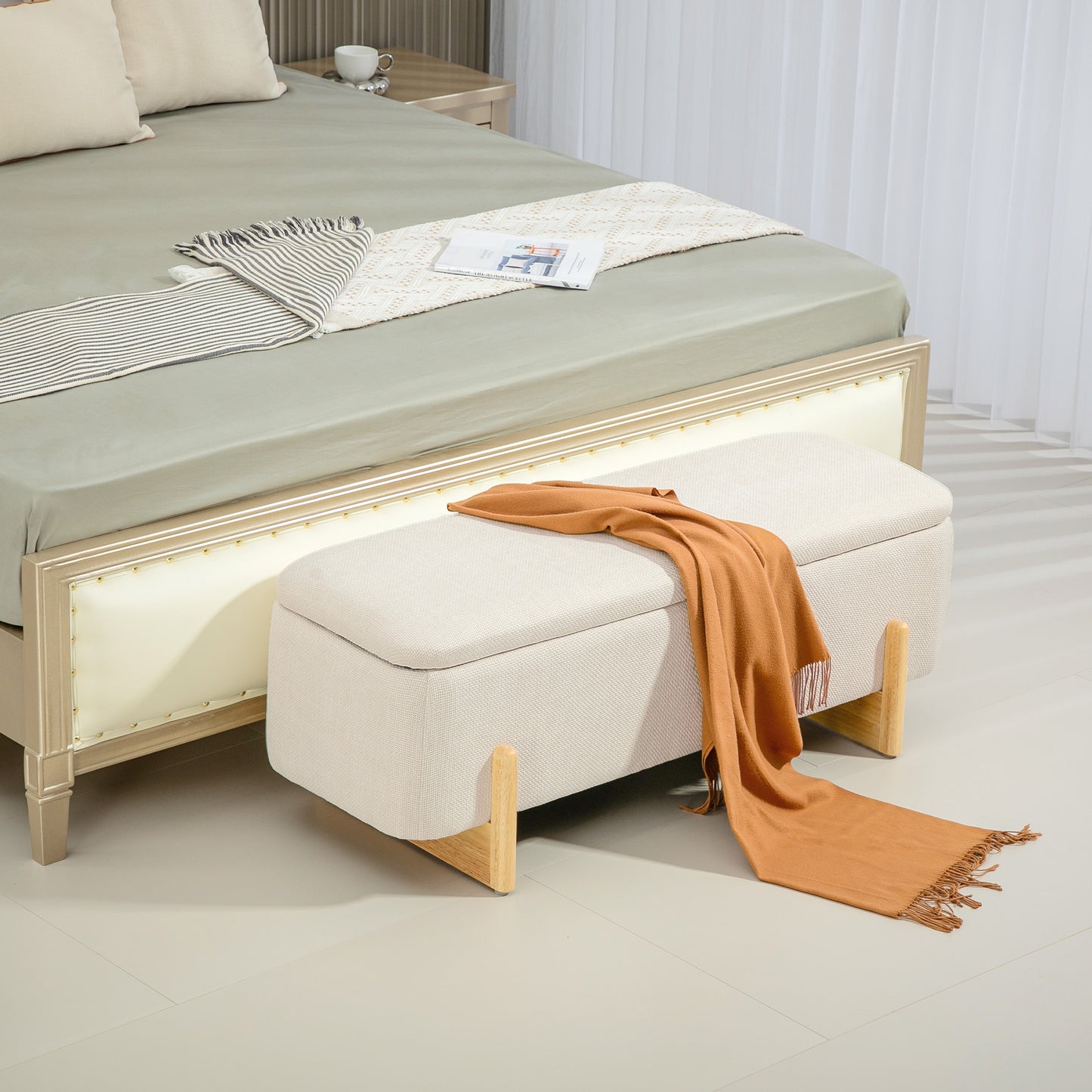 Banc coffre rembourré tissu lin pieds en bois