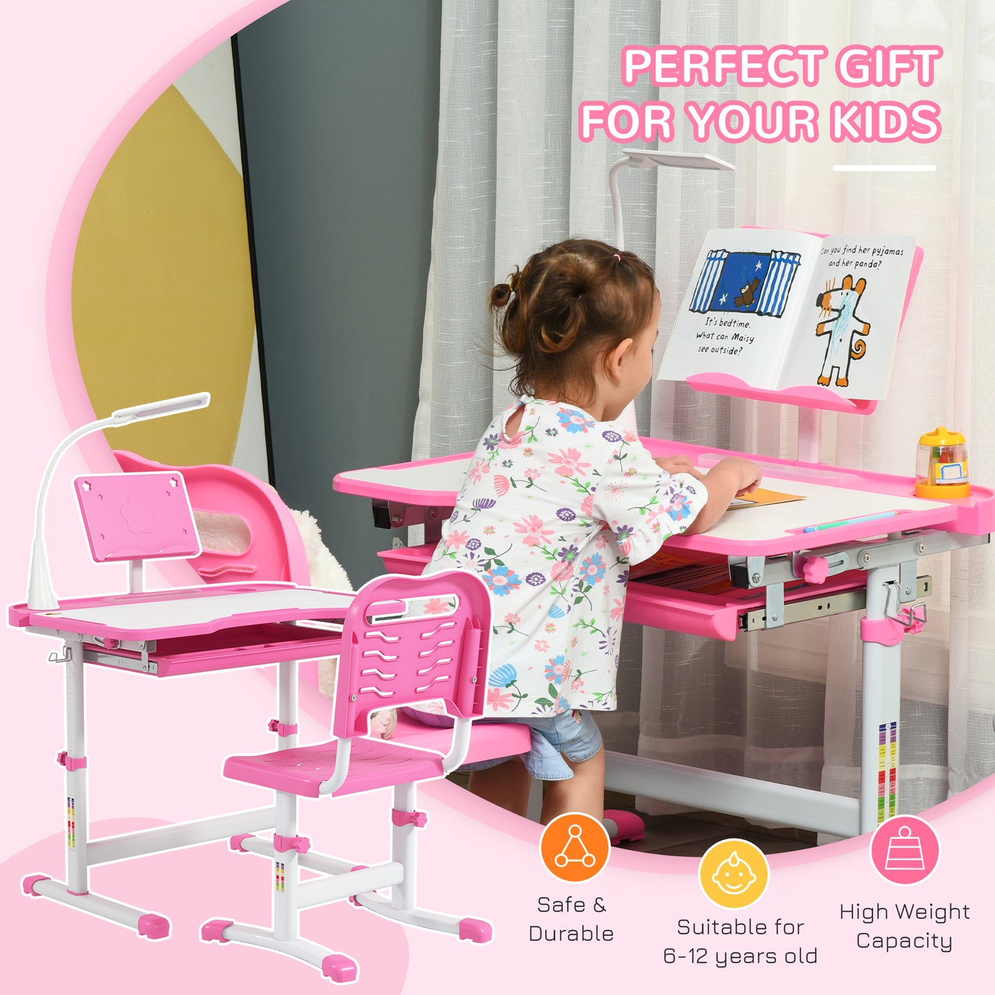 Bureau enfant ajustable avec chaise et lampe LED