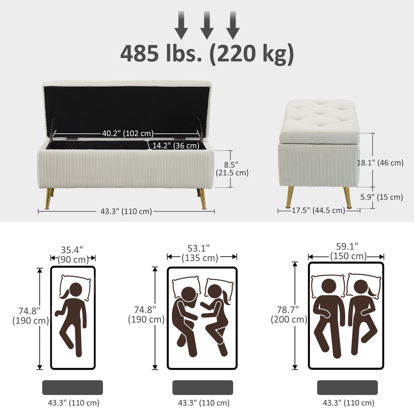 Banc coffre rembourré avec pieds dorés 109 cm