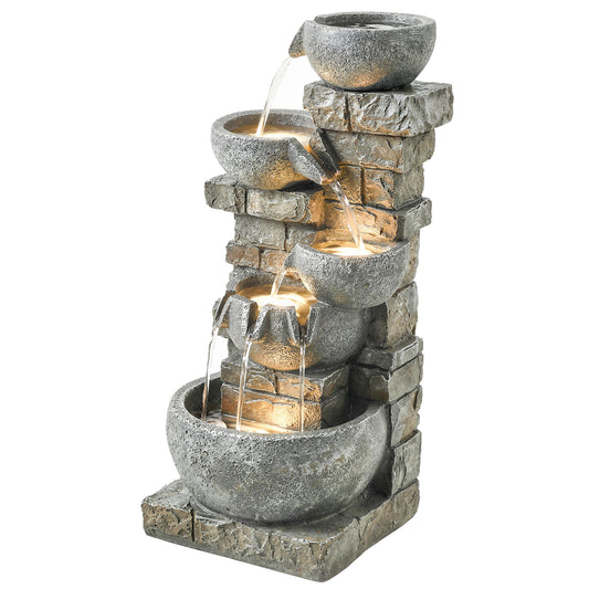 Outsunny 80cm 5-Tier Outdoor Fountain with LED Lighting Stone Grey