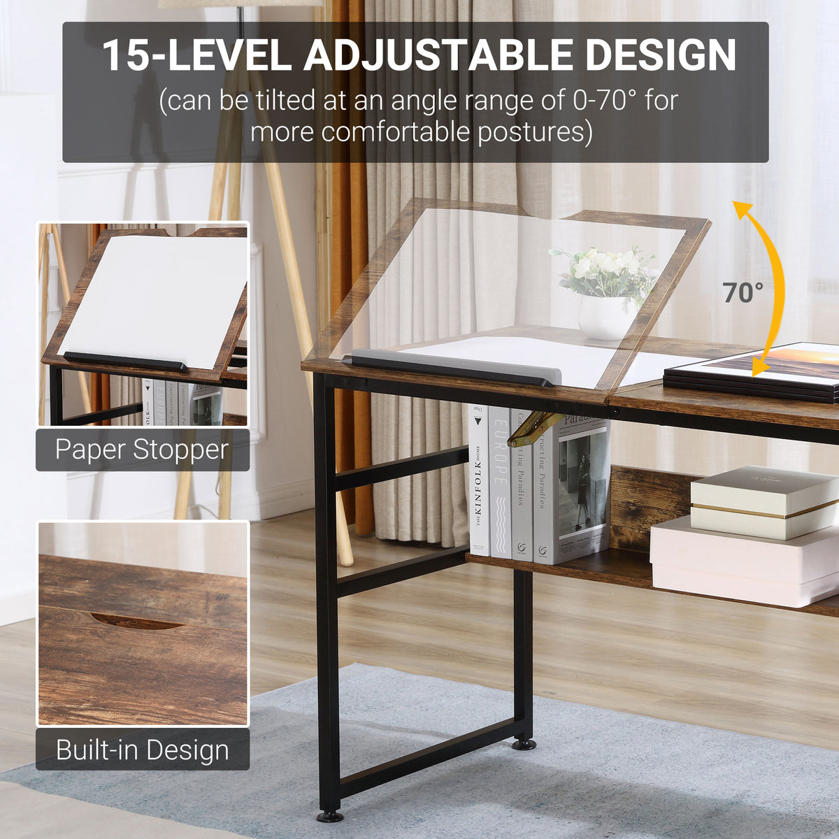Bureau de dessin inclinable et multifonctionnel