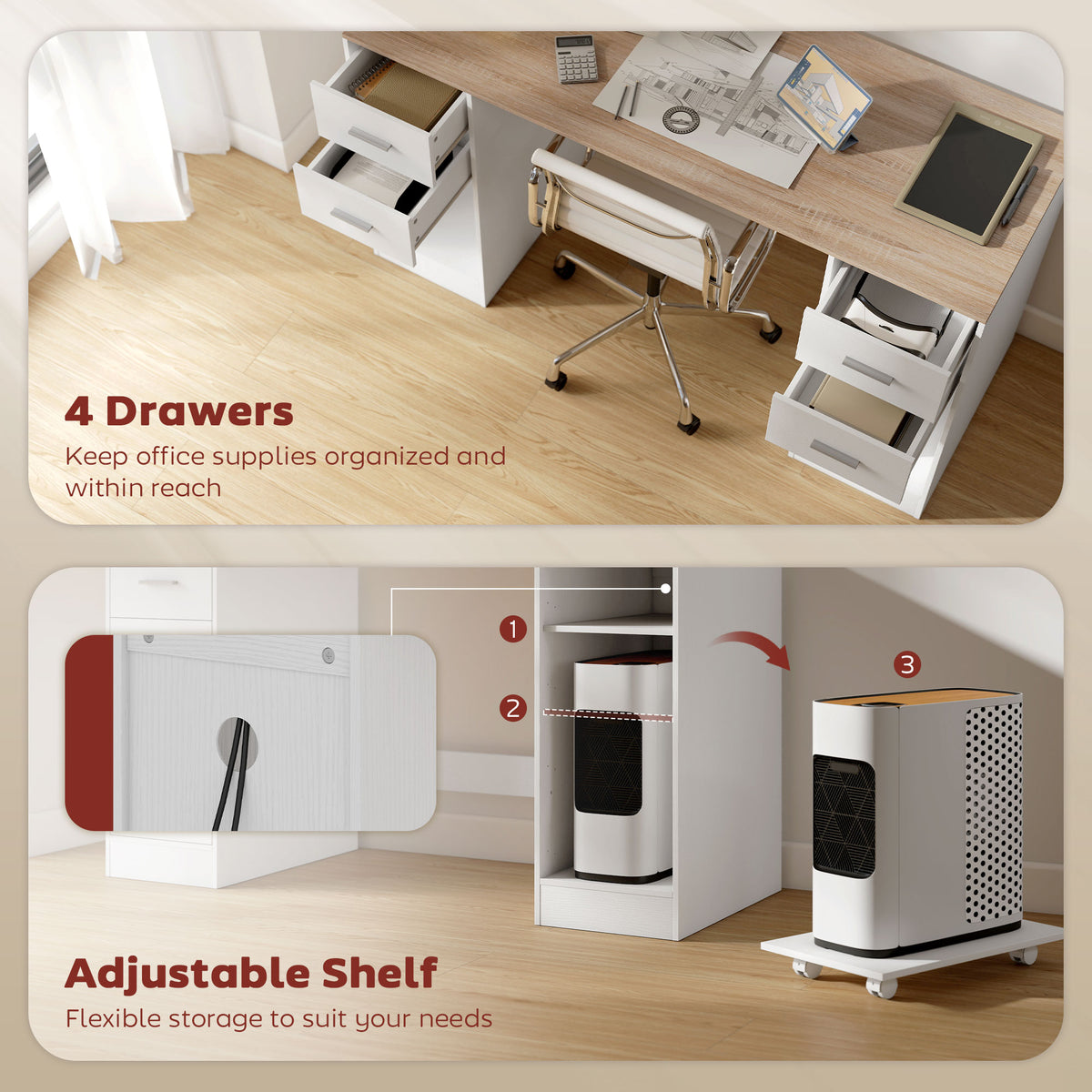 Bureau informatique avec 4 tiroirs et tablette mobile