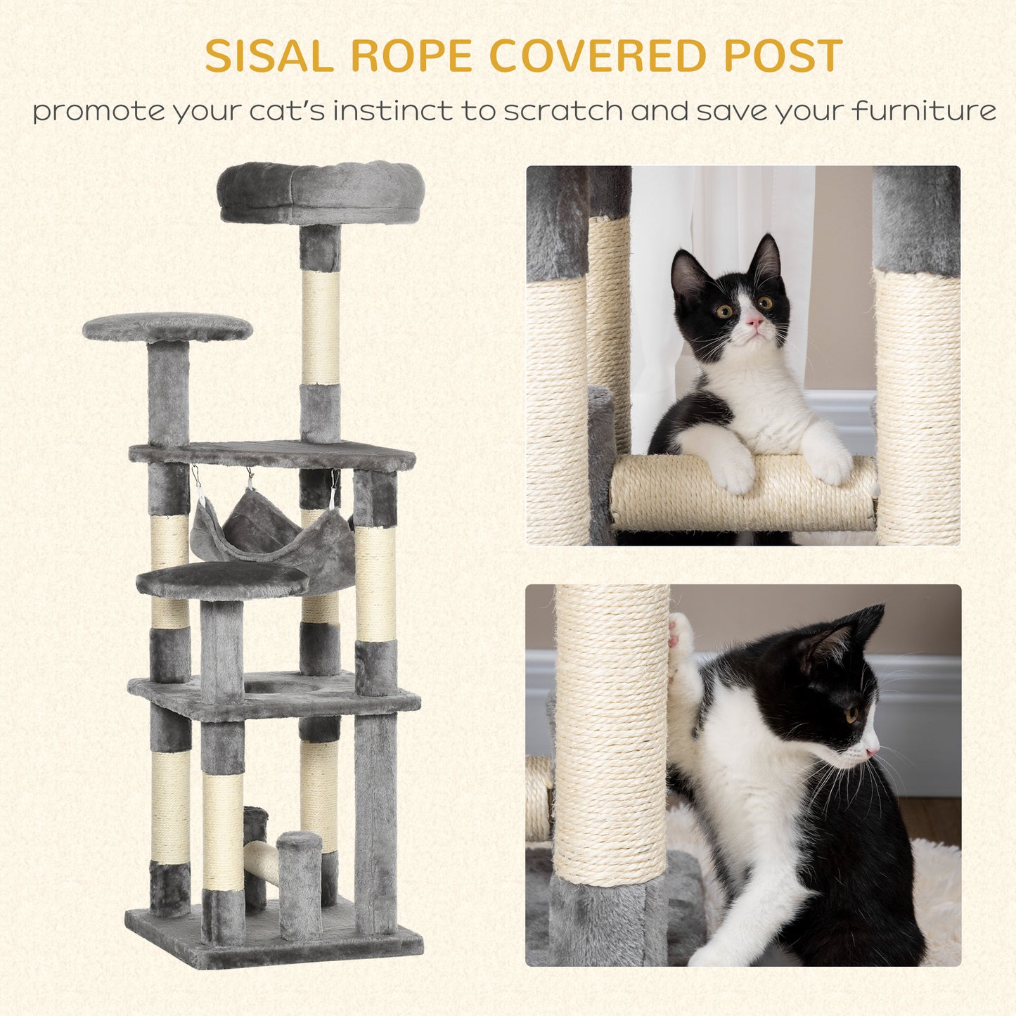Tour à chat multi-niveaux 132 cm avec hamac
