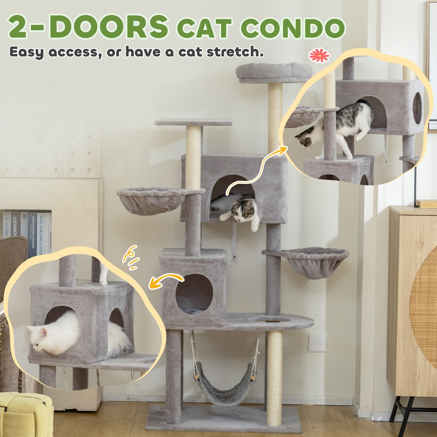 Arbre à chat multi-niveaux 168 cm avec condos et hamacs