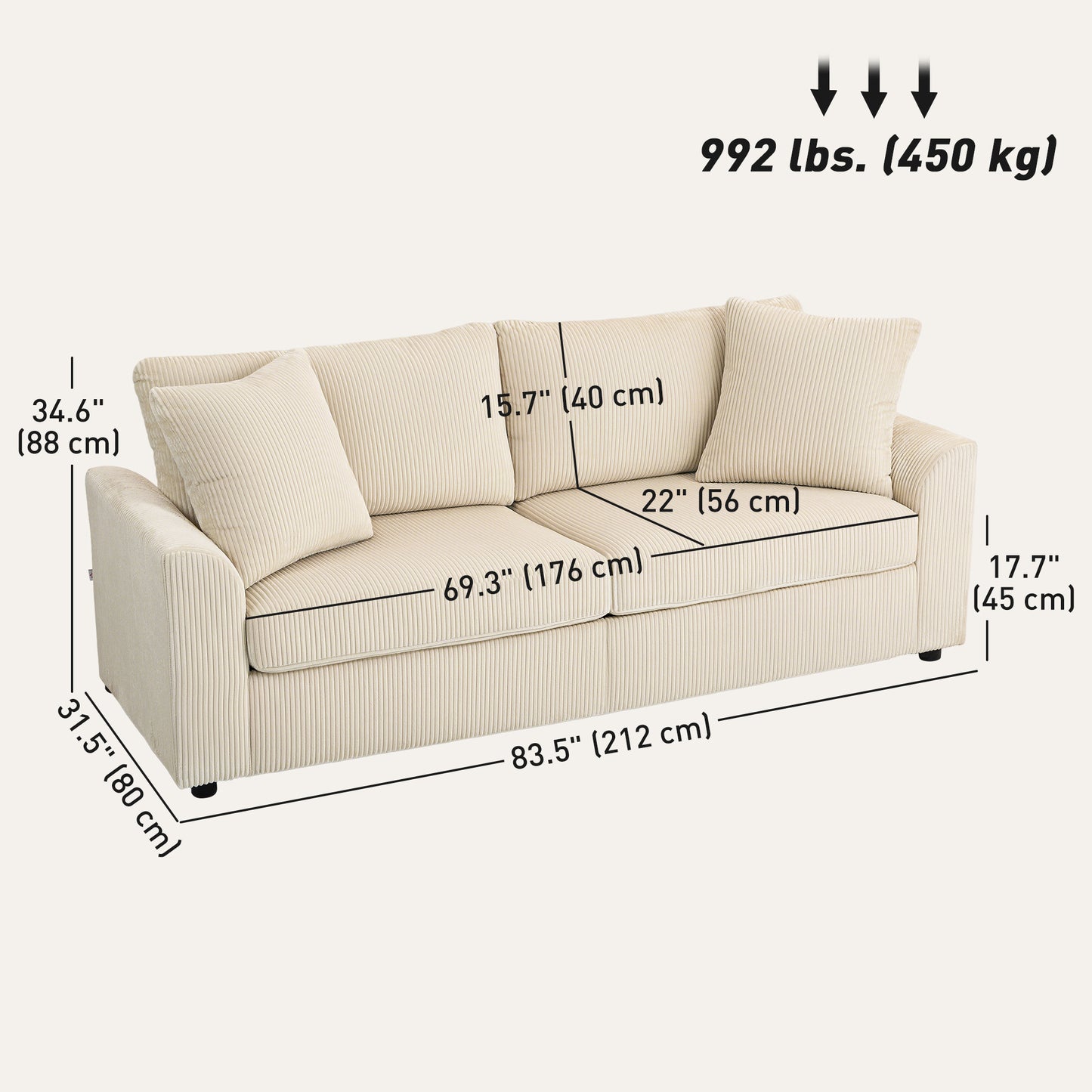 Sofa 3 places moderne en velours côtelé avec ressorts