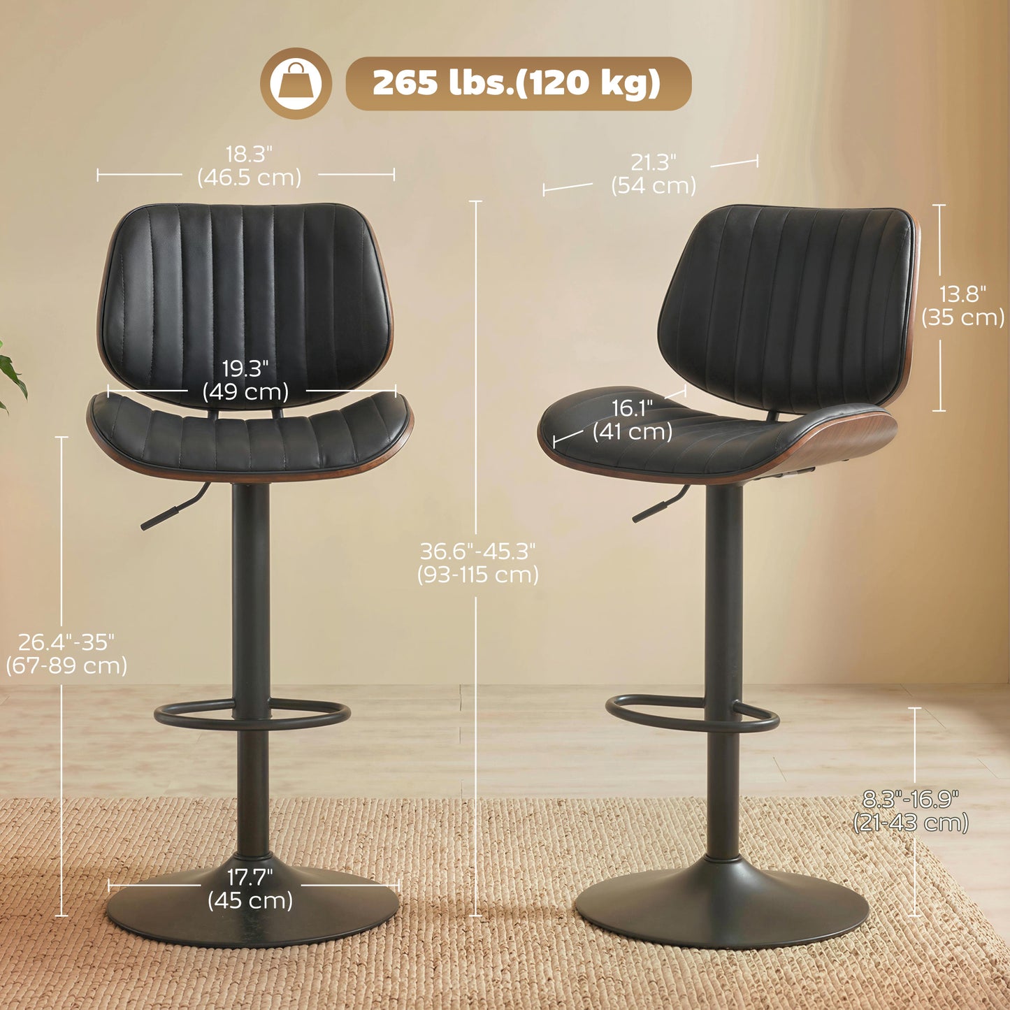 Tabourets de bar pivotants hauteur ajustable ensemble de 2