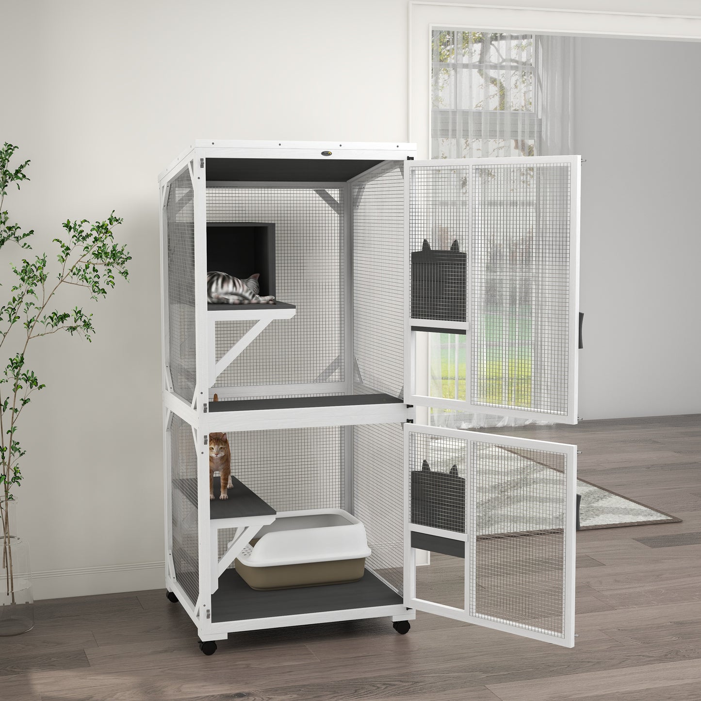 Enclos extérieur surélevé avec roues et plateforme de repos