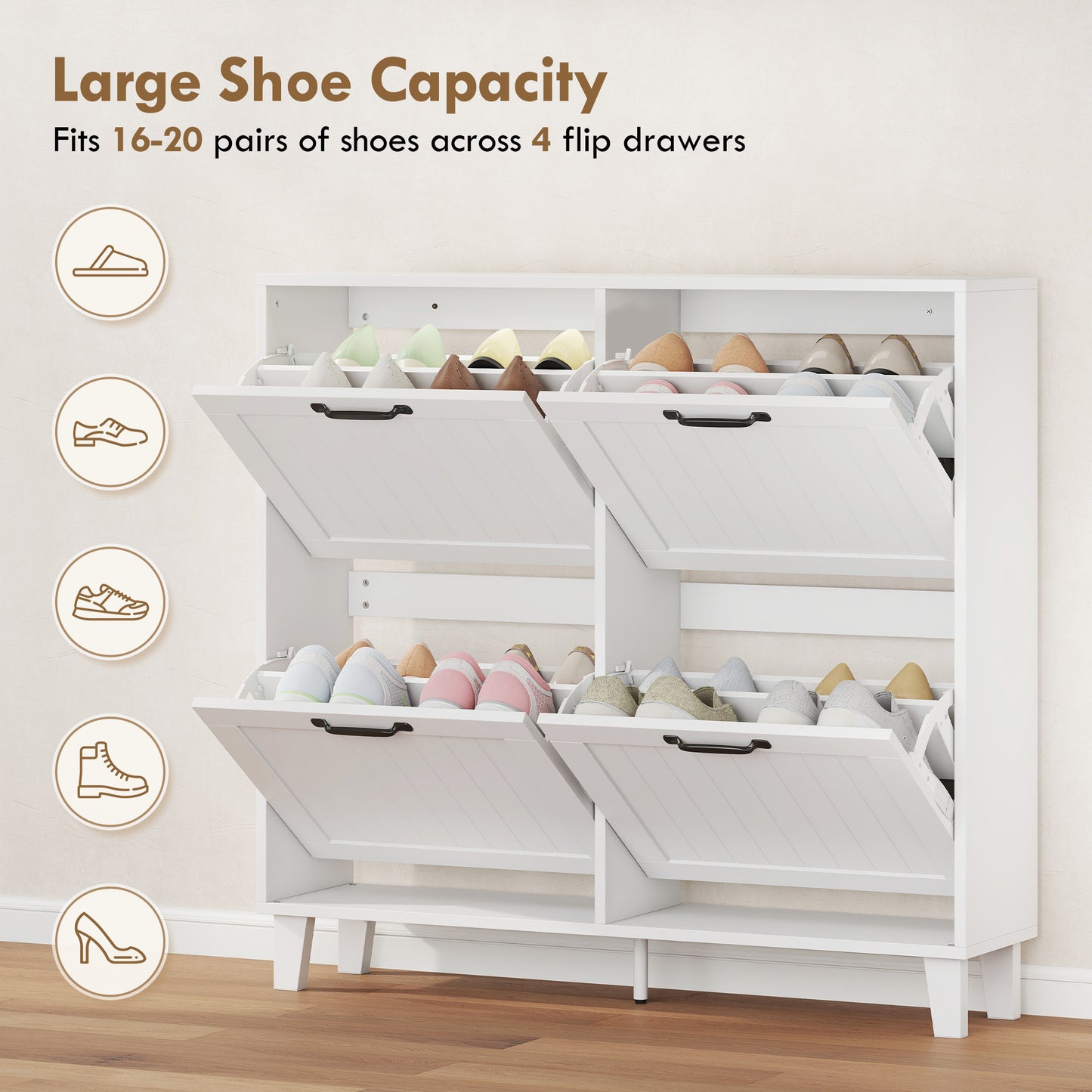 Armoire à chaussures 4 tiroirs rabattables, étagères ajustables